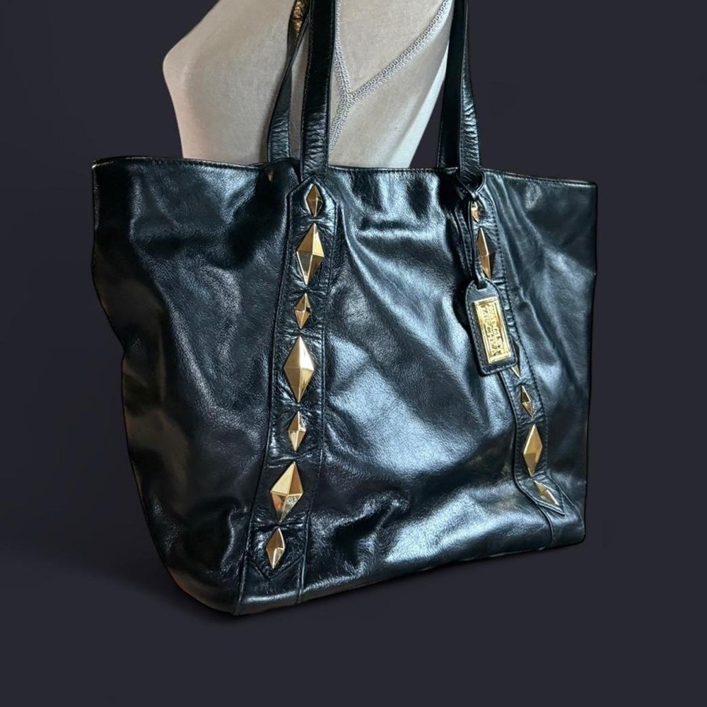 Badgley Mischka Black Leather Tote Bag with Gold Accents